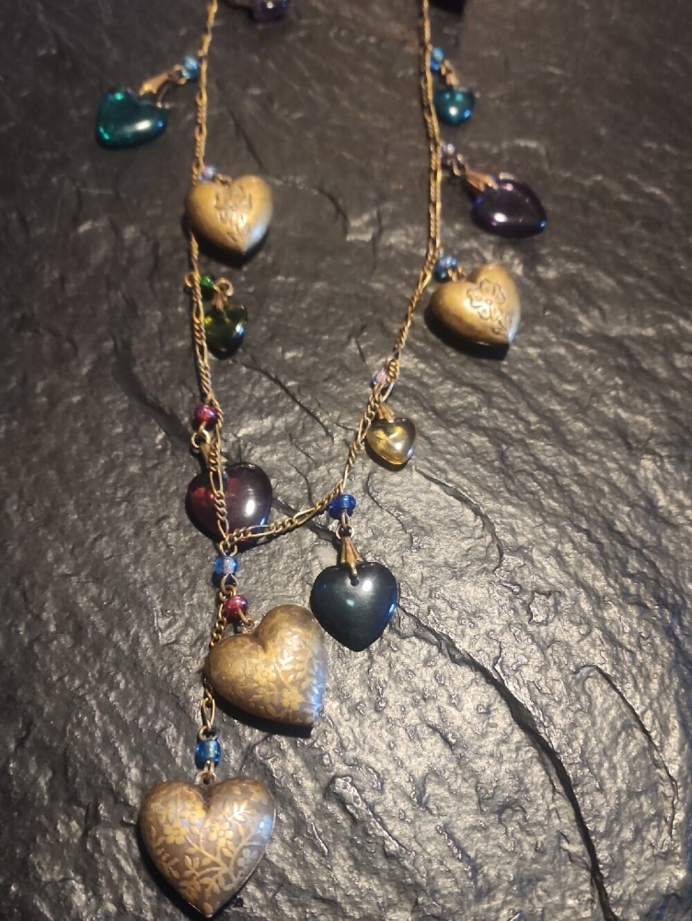 Vintage Gold-Tone Heart & Bead Multi-Color Necklace